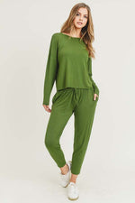 Long Sleeve Jogger Lounge Set-Olive Green - POSH NOVA