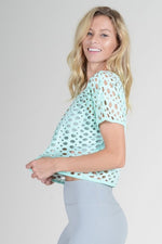 Hole Detail Short Sleeve Crop Top-Khaki, Mint - POSH NOVA