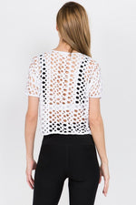 Hole Detail Short Sleeve Crop Top-White, Black - POSH NOVA