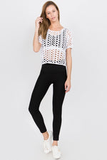 Hole Detail Short Sleeve Crop Top-White, Black - POSH NOVA