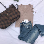 Buttoned Crop Tank-Taupe - POSH NOVA
